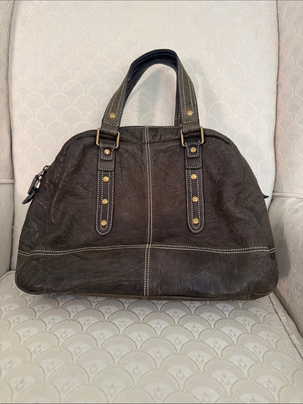 Talbots olive green Leather Bag with Contrast Stitching